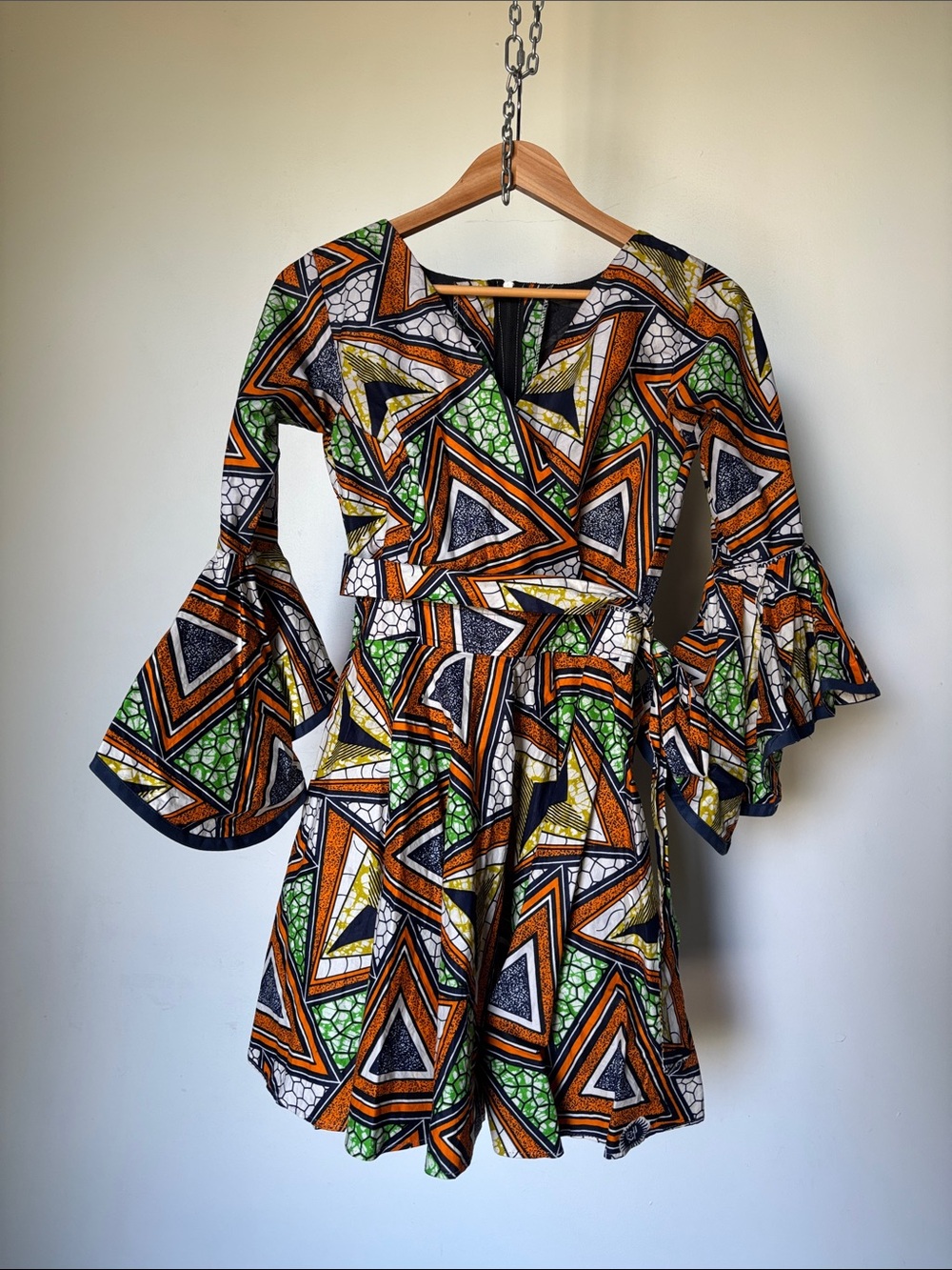South African Handmade Geometric Mini Dress with Bell Sleeves